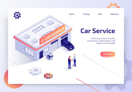 Car Repair Service, Auto Diagnostics Center, Automobile Maintenance Station Isometric Vector Web Banner, Landing Page. Worker Returning Keys from Repaired Vehicle to Car Owner Near Garage Illustrationのイラスト素材