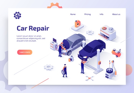 Car Repair Service, Auto Diagnostic, Maintenance Station Isometric Vector Web Banner. Skilled Automotive Technicians Repairing Cars in Workshop Illustration. Automobile Spare Parts Store Landing Pageのイラスト素材