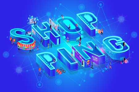 Vector 3d Neon Isometric Word Shopping on Blue Gradient Tech Background. Little People Customers Moving Among Huge Letters Using Smartphones and Devices in Life for Shopping, Paying, Visiting Placesのイラスト素材