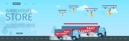 Fast Delivery Transportation of Cargo Package. Flying Drone Delivering Box. Express Shipping Grey Truck with Title on Side. Warehouse Store Service. Flat Cartoon Vector Illustrationのイラスト素材
