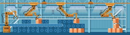 Automatic Robotic Claw Conveyor Boxing Parcel. Yellow Grip Robot Arm Crane Packing Box. Warehouse Packaging Technology. Manufacture Storage Equipment. Flat Cartoon Vector Illustrationのイラスト素材