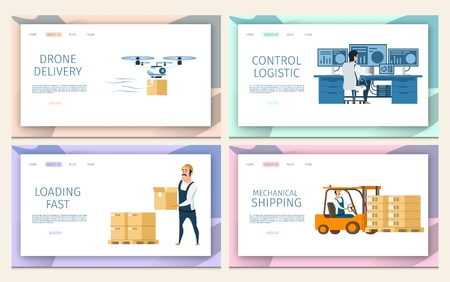 Warehouse Cargo Distribution. Logistic Service Set. Flying Air Drone Delivery, Control Logistic, Mechanical Storage Freight Shipping, Loading Fast. Flat Cartoon Vector Illustrationのイラスト素材