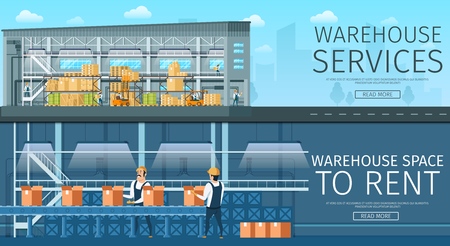 Warehouse Service. Modern Storage Space for Rent. Depot Place Renting. Picture of Urban Store. Automatic Packing Conveyor with Cardboard Box on Factory. Flat Cartoon Vector Illustrationのイラスト素材