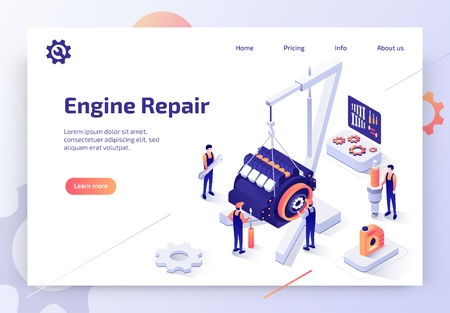 Car Repair Service, Auto Diagnostic Center Isometric Vector Web Banner with Automotive Technicians Team Working to Repair Engine Illustration. Automobile Spare Parts Online Store Landing Page Templateのイラスト素材