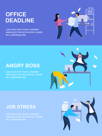 Office Life Flat Vector Illustrations Collection. Deadline, Job Stress, Angry Boss Concepts with Lettering. Employer Shouting at Workplace. Papers, Documents Flying. Workday, Chaos Cartoon Bannersのイラスト素材