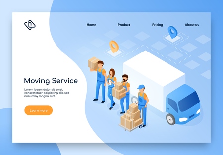 Moving Service Isometric Vector Web Banner. Female and Male Workers in Uniform Standing near Cargo Truck with Cardboard Boxes in Hands Illustration. Delivery or Shipping Company Landing Page Templateのイラスト素材