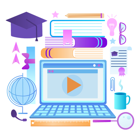 Laptop With Webinar Recorder Window. Square Academic Cap, Books, Magnifier, Ruler, Globe, Cup, Certificate, Pencil, Glasses. E-learning, Online Education. Flat Vector Illustration on White Background.のイラスト素材
