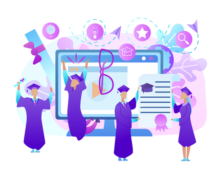 Happy Cheerful Young People Dressed in Mantle and Academical Cap Holding Diploma Celebrate Graduation on Huge Monitor and Educational Icons Background. Blue and Pink Palette. Flat Vector Illustration.のイラスト素材