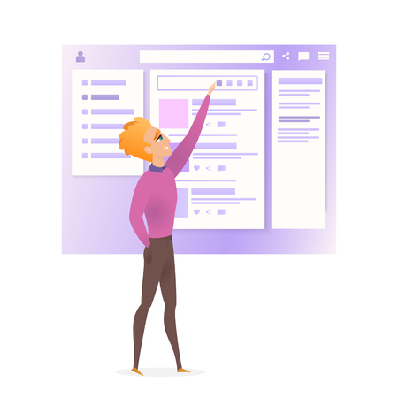 Website Interface Wireframe Improve Character. Project Design Web Ui Technology User Usability Guide Map. Man Construct Social Website Mockup Block Flat Cartoon Vector Illustrationのイラスト素材