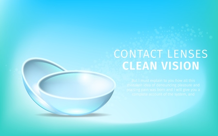 Daily Contact Lenses on Light Blue Gradient Background with Copy Space. Clean Vision. Close Up View. Medical Ophthalmology Equipment to Correct Vision. Realistic Vector Illustration, Horizontal Bannerのイラスト素材