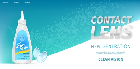 Bottle with Solution Eye Drops, Contact Lenses on White and Blue Gradient Background. Realistic Vector Illustration for Ophthalmology Clinic. New Generation, Clean Vision Horizontal Banner, Copy Spaceのイラスト素材