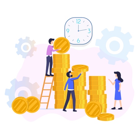 Time Is Money Flat Vector Concept Isolated on White Background. Businesspeople Collecting, Stacking Money, Hurrying to Finish Business at Time Illustration. Project Deadline, Profit and Funds Turnoverのイラスト素材
