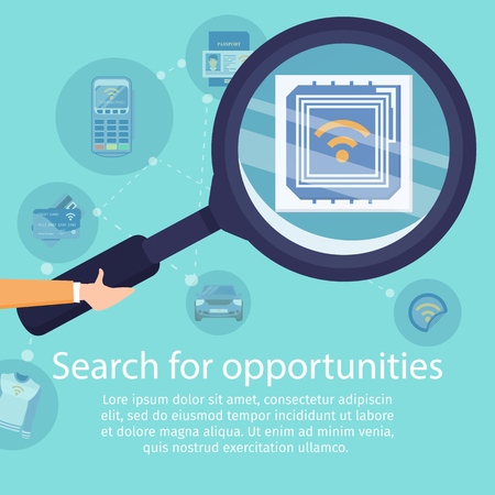 Search for Opportunities with NFC Technology Flat Vector Advertising Banner. Cashless Payment Services Promo Poster Template. Human Hand Holding Magnifying Glass, Magnifying NFC chip Illustrationのイラスト素材