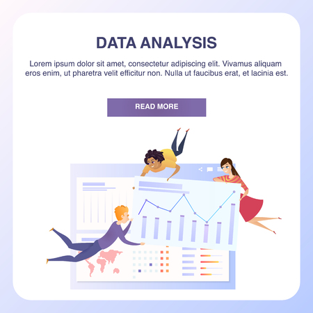 Business Data Analysis Grath Tablet Banner. Team Character Develop Marketing Strategy Chart Analyzing. Digital Statistic Presentation Concept for Landing Web Page Flat Vector Illustrationのイラスト素材