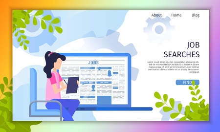 Searching Job Online Service Flat Vector Web Banner with Female Job Applicant Filling Resume, Human Resources Manager Analyzing Work Candidates Request Illustration. Recruitment Agency Landing Pageのイラスト素材