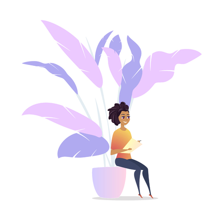Freelancer Woman Character Chill Lounge Space. Office Afro American Worker Rest in Plant Comfortable Interior Isolated on White Background. Female Note to Paper Flat Cartoon Vector Illustrationのイラスト素材