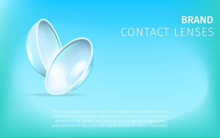 Couple of Contact Eye Lenses on Blue Gradient Background. Healthcare Ophthalmology Equipment for Every Day Use. Realistic Science Vector Illustration for Medical Design. Horizontal Banner, Copy Space.のイラスト素材