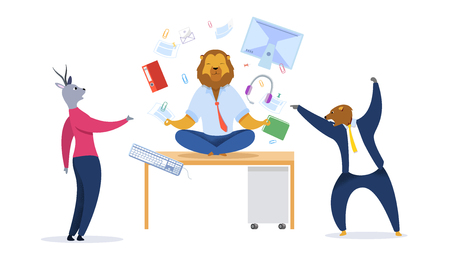 Businessman with Lion Head Meditating Clipart. Metaphor of Office Workers as Animals. Relaxed Businessman in Lotus Position. Calm Predator Oppose to Stressed Employees. Time Management Vector Conceptのイラスト素材
