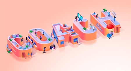 Business Coach Professional Typography Banner. Big Letter Word for Career Online Training Brainstorm. Education Marketing Conference Networking Motivation Isometric 3d Vector Illustrationのイラスト素材