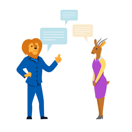Talking Office Characters with Speech Bubbles Isolated on White Background. Communicating Colleagues. Business Person Situation. Flat Cartoon Vector Illustration. Talk of Lion Man and Gazelle Woman.のイラスト素材