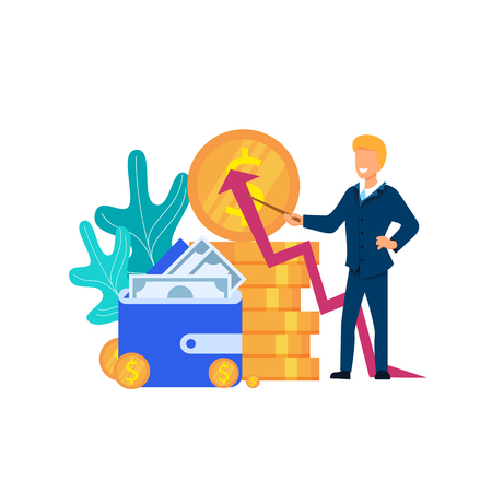 Business Man Explaing Finance Business Growth Strategy. Plan for Economy Profit. Wealth Elements. Coin Pile, Arrow Going Up, Wallet with Bills. Flat Vector Illustration Isolated on White Background.のイラスト素材
