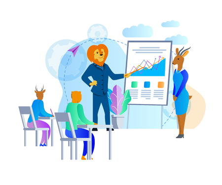 Humanised Lion Business Man and Gazelle Woman Successful Coachers Teaching Young Students in Openair Classroom Standing at Board with Graphs and Charts. Cartoon Characters. Flat Vector Illustrationのイラスト素材