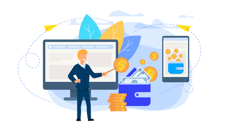 Blonde Businessman in Blue Formal Suit at Huge Monitor, Coin Pile, Wallet with Banknotes, Smartphone App. Coach Point to Graphs, Explaing Finance Business Growth Strategy. Flat Vector Illustrationのイラスト素材