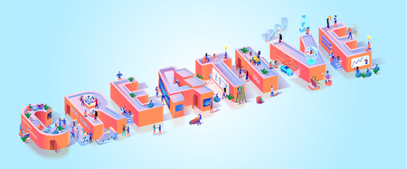 Creative Art Innovation Idea Typography Banner. Modern Thinking Life Letter Abstract Collage. Marketing Quote Text Composition for Advertising Motivation Isometric 3d Vector Illustrationのイラスト素材