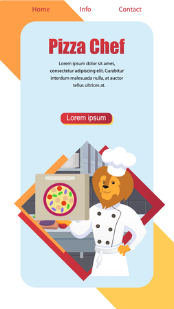 Cartoon Pizza Chef Vertical Banner with Copy Space. Lion King of Animals Character Dressed in White Cooking Robe and Hat Hold Pizza Box in Paw on Kitchen Background with Food. Flat Vector Illustrationのイラスト素材