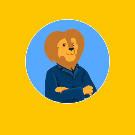 Successful Businessman Allegory. Self-Confidient Lion King of Animals Character Dressed in Blue Formal Suit with Crossed Arms Inside of Blue Circle on Yellow Background. Flat Vector Illustration, Icon.のイラスト素材