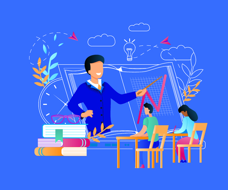 Young Man in Woman Sitting at Huge Laptop Screen and Watching Online Course. Educator Point Growing Arrow at Desktop. Outline Icon Elements Around. Distant Education. Cartoon Flat Vector Illustrationのイラスト素材