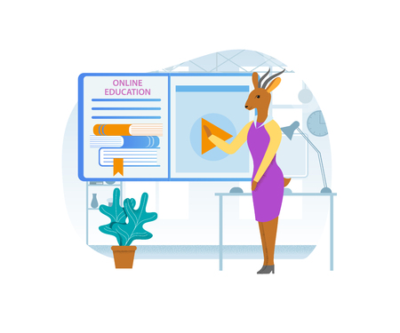 Online Education. Gazelle Cartoon Character Coacher, Business Woman in Pink Dress Doing Presentation, Read Lecture or Seminar at Big Screen with Recorded Lesson and Books. Flat Vector Illustration.のイラスト素材