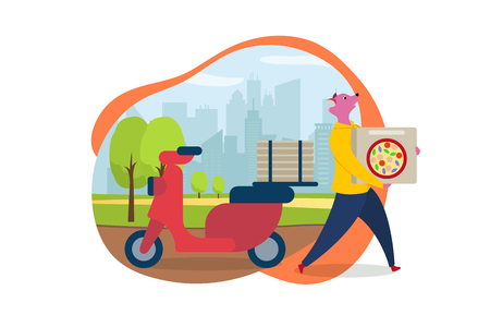 Delivery Service Order Shipping. Cute Cartoon Guy with Animal Head Carry Pizza Box in Hands. Red Scooter Stand Behind on Cityscape View Background. Flat Vector Illustration, Icon Isolated on White.のイラスト素材