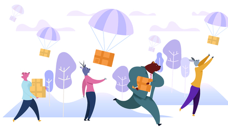 Humanised Animal Characters Catching Boxes Falling with Parachutes from Sky. Express Goods and Purchases Delivery. Shopping, Sales, Digital Marketing, Technologies. Cartoon Flat Vector Illustration.のイラスト素材