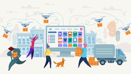 Animal Characters Shopping and Purchases Express Delivery in City. Drones Carry Boxes. Ecommerce Sales, Digital Consumer Marketing. Online Application on Huge Monitor. Flat Style Vector Illustrationのイラスト素材