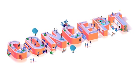 Creative Concept Vision Idea Typography Banner. Conceptual Work Success Innovation Business Composition. Teamwork Create Education Advertising Alphabet Text Motivation Isometric 3d Vector Illustrationのイラスト素材