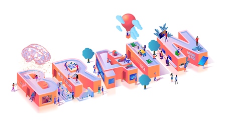 Brain Science Idea Alphabet Typography Banner. Knowledge Motivation Creative Abstract Advertising Flyer. Memory Research Technology Presentation Conceptual Isometric 3d Vector Illustrationのイラスト素材