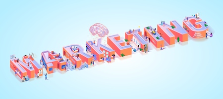 Social Media Marketing Advertising Word Banner. Communication Strategy for Commercial Service Business. Finance Information Rating Concept Motivation Isometric 3d Vector Illustrationのイラスト素材