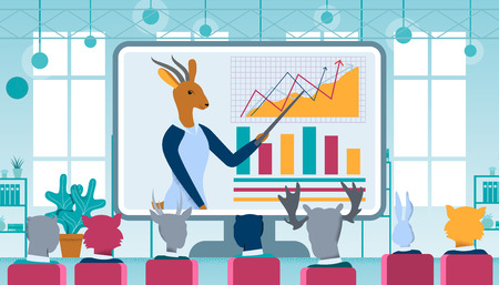 Cartoon Woman Gazelle Character Business Coacher Wearing Dress Doing Online Presentation to Group of Animals Employees in Office. Big Screen with Graphs. Distant Education. Flat Vector Illustration.のイラスト素材