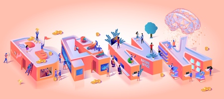 Bank Business Typography Letter Motivation Banner. Finance Investment Success Word Banking Growth. Corporate Economic Budget Infographic Technology Planning Isometric 3d Vector Illustrationのイラスト素材
