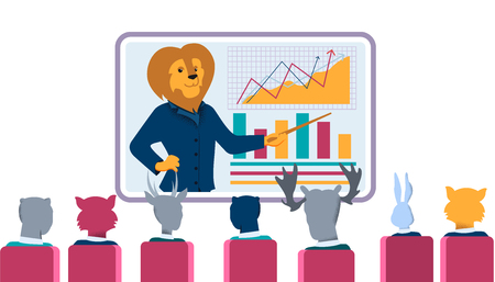 Successful Business Coach with Lion Head Explaining Company Strategy to Employees Animals During Video Conference. Trainer Point Infographic Data on Big Interactive Screen. Flat Vector Illustrationのイラスト素材
