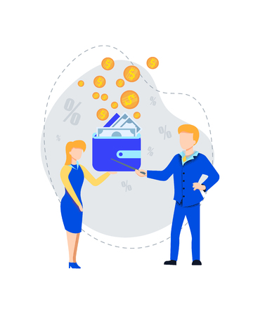 Business Man Pointing on Wallet with Bills Explaining to Young Woman Money Handling and Economy Profit Archivement. Dollar Coins, Percent Signs Around. Cartoon Characters. Flat Vector Illustration.のイラスト素材