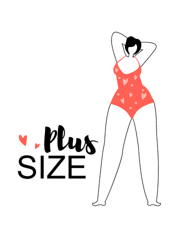 Young Happy Plus Size Woman Wearing Red Swimming Suit with Hands Behind of Head Stand on White Background with Hearts. Body Positive Thinking. Love and Acceptance of Own Body Flat Vector Illustration.のイラスト素材