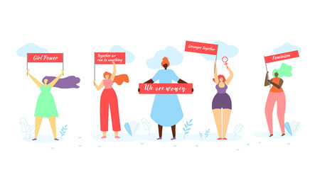 Multiracial Women of Different Height, Figure Type and Size Standing in Row with Banners in Hands on White Background with Grass and Clouds. Girl Power, Feminism. Cartoon Flat Vector Illustration.のイラスト素材