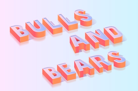 Bulls and Bears 3d Word, Glossy Extruded Text Title, Isometric Projection Vector Typography Template, Business Analytics Concept, Financial Service Poster, Banner Design Element on Gradient Backgroundのイラスト素材