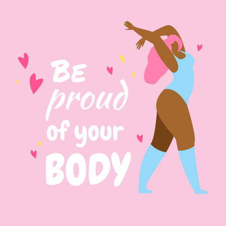 Young African Plus Size Woman Happy Dancing Near Words Be Proud of Your Body on Pink Background. Body Acception, Positive Movement, Beauty Diversity. Active Lifestyle. Cartoon Flat Vector Illustrationのイラスト素材