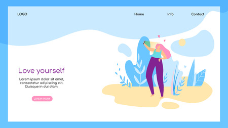 Love Yourself Horizontal Banner with Copy Space. Plump Girl Taking Selfie on Open Air Landscape Background. Body Positive Movement. Girl Posing with Smartphone. Cartoon Flat Vector Illustration.のイラスト素材