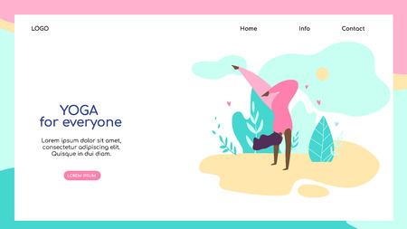 Yoga for Everyone Horizontal Banner, Copy Space. Curvy Flexible Sporty Plus Size Young Woman Doing Asana on Nature. Body Love, Fat Acceptance Movement, No Fatphobia. Cartoon Flat Vector Illustration.のイラスト素材