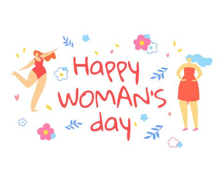 Happy Womans Day Greeting Card. Adorable Girls Dance on White Background with Doodle Flowers and Leaves. Positive Thinking Movement, Enjoying Life, Beauty Diversity. Cartoon Flat Vector Illustration.のイラスト素材