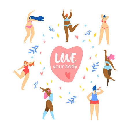 Happy Women and Girls Characters Various Sizes and Races Dance Around of Big Pink Heart with Words Love Your Body on Doodle Herbal Ornament Background. Body Positive, Cartoon Flat Vector Illustration.のイラスト素材